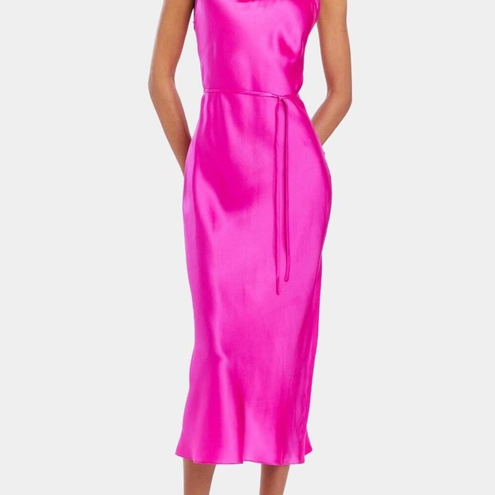 Amanda Uprichard Shaelyn Hot Pink 100% Silk Cowl Neck Midi Dress S